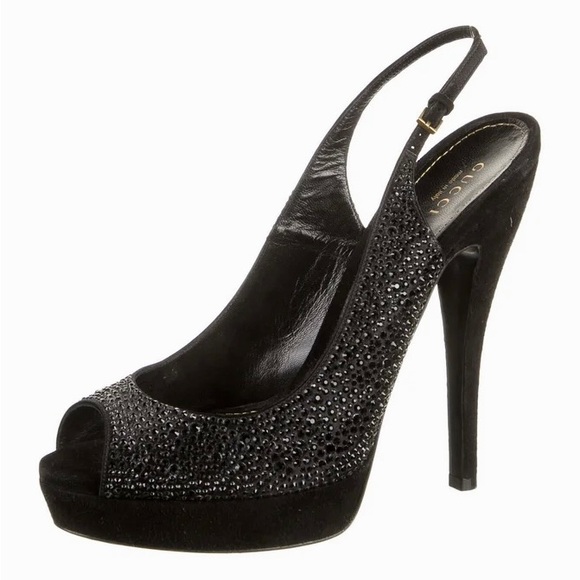 Gucci Black Suede Crystal Slingback Peep Toe Heels - Picture 1 of 6